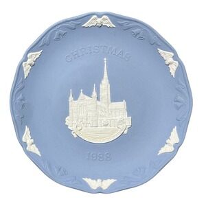 WEDGWOOD Jasperware Blue / White Christmas Plate 1988 Salisbury Cathedral 7.25"